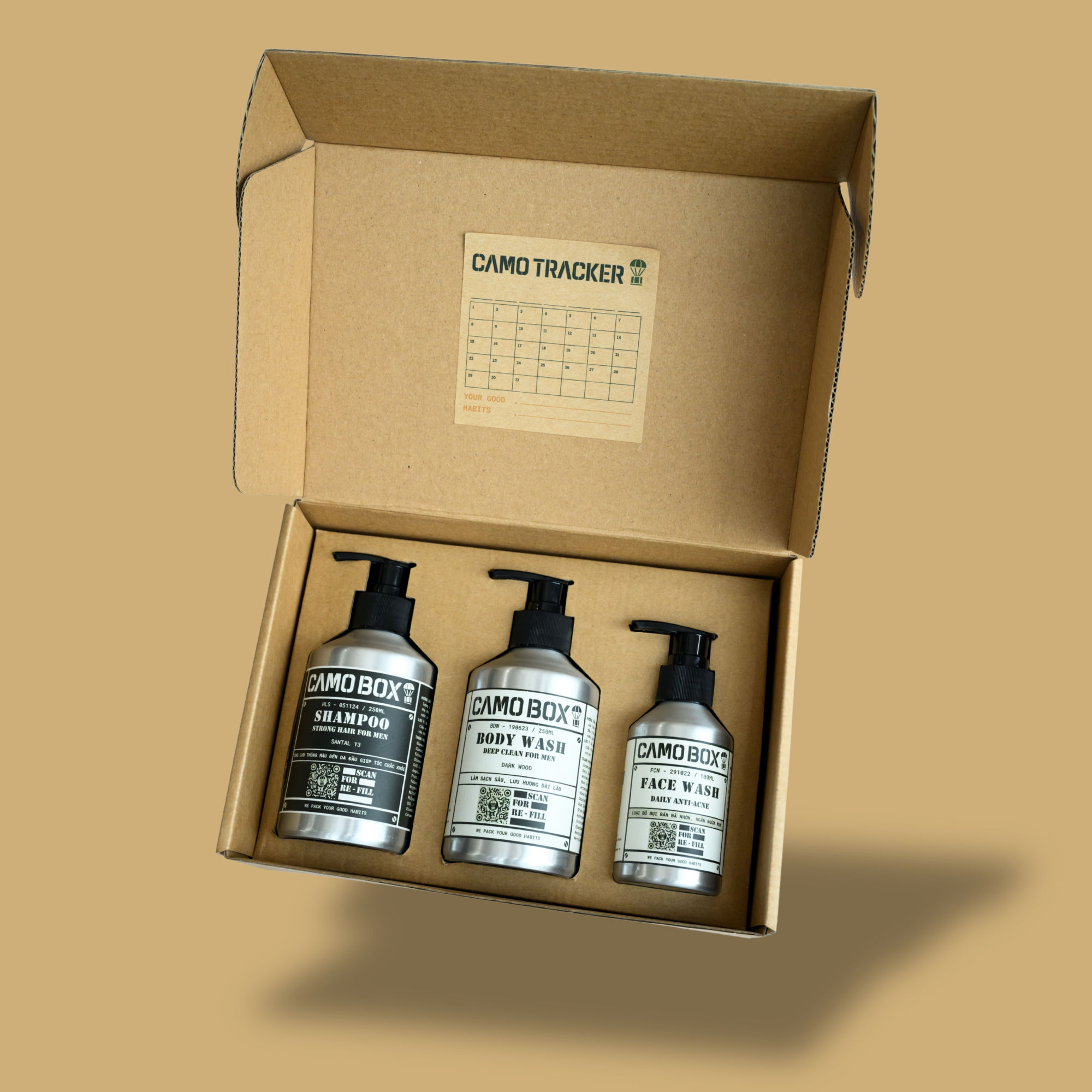 Custom printed kraft shipping box with military-inspired design for subscription and retail packaging