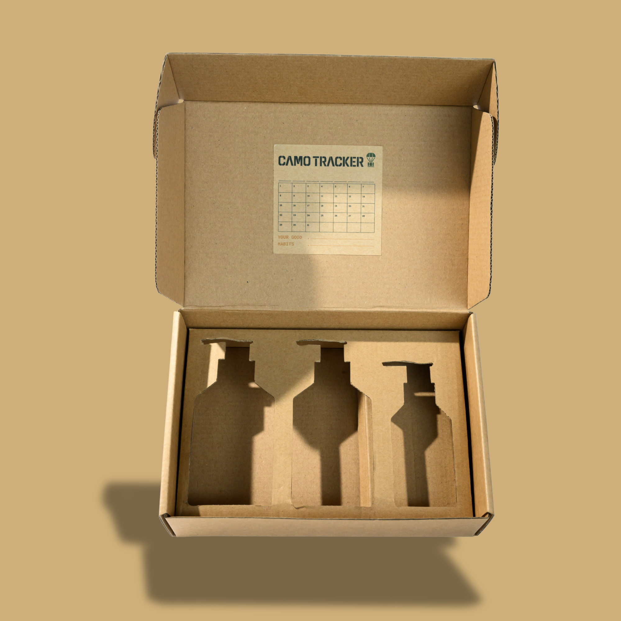 Custom printed kraft mailer box with three bottle-shaped insert, design for subscription and retail packaging