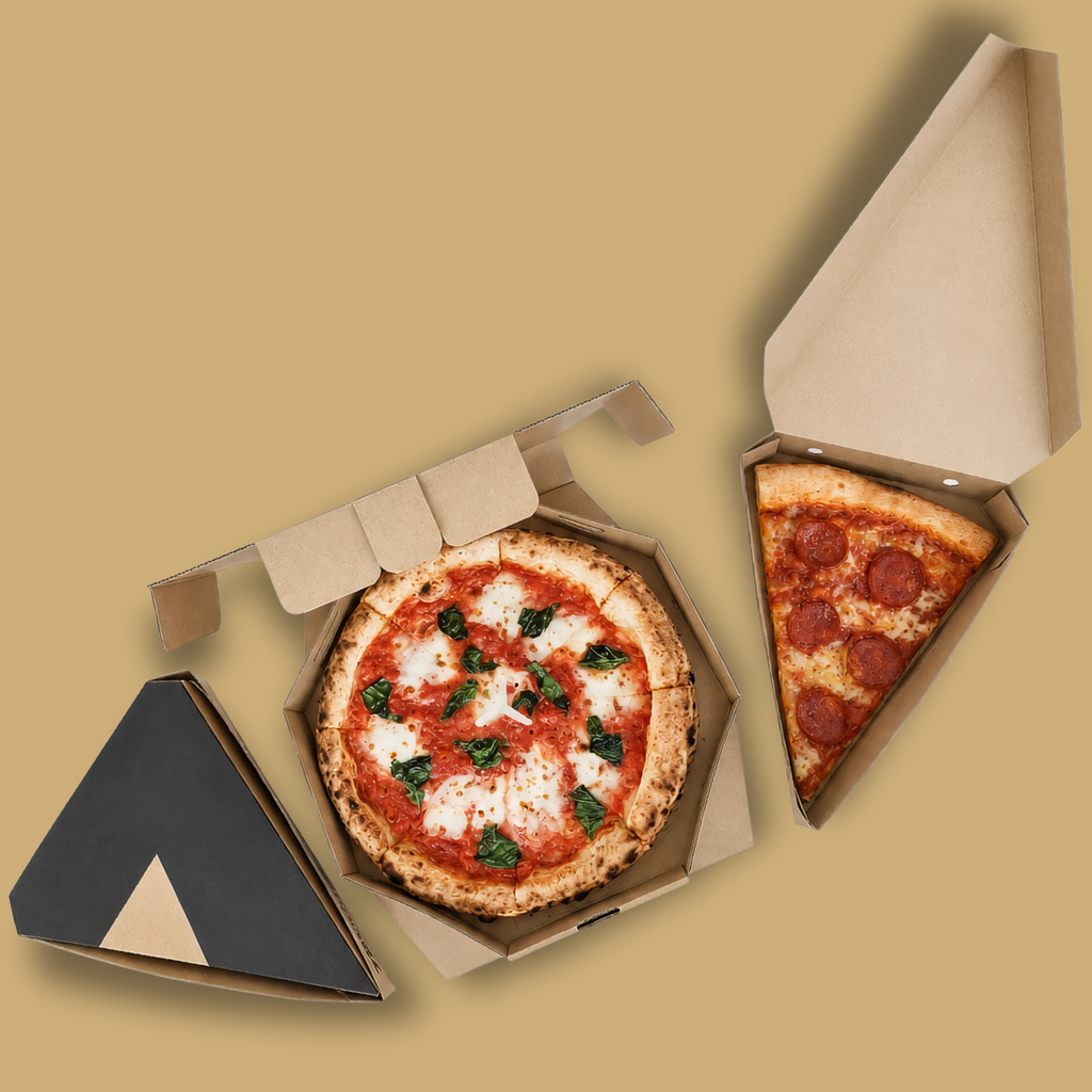 Custom printed pizza slice box designed for pizzerias, takeout service, and branded food packaging