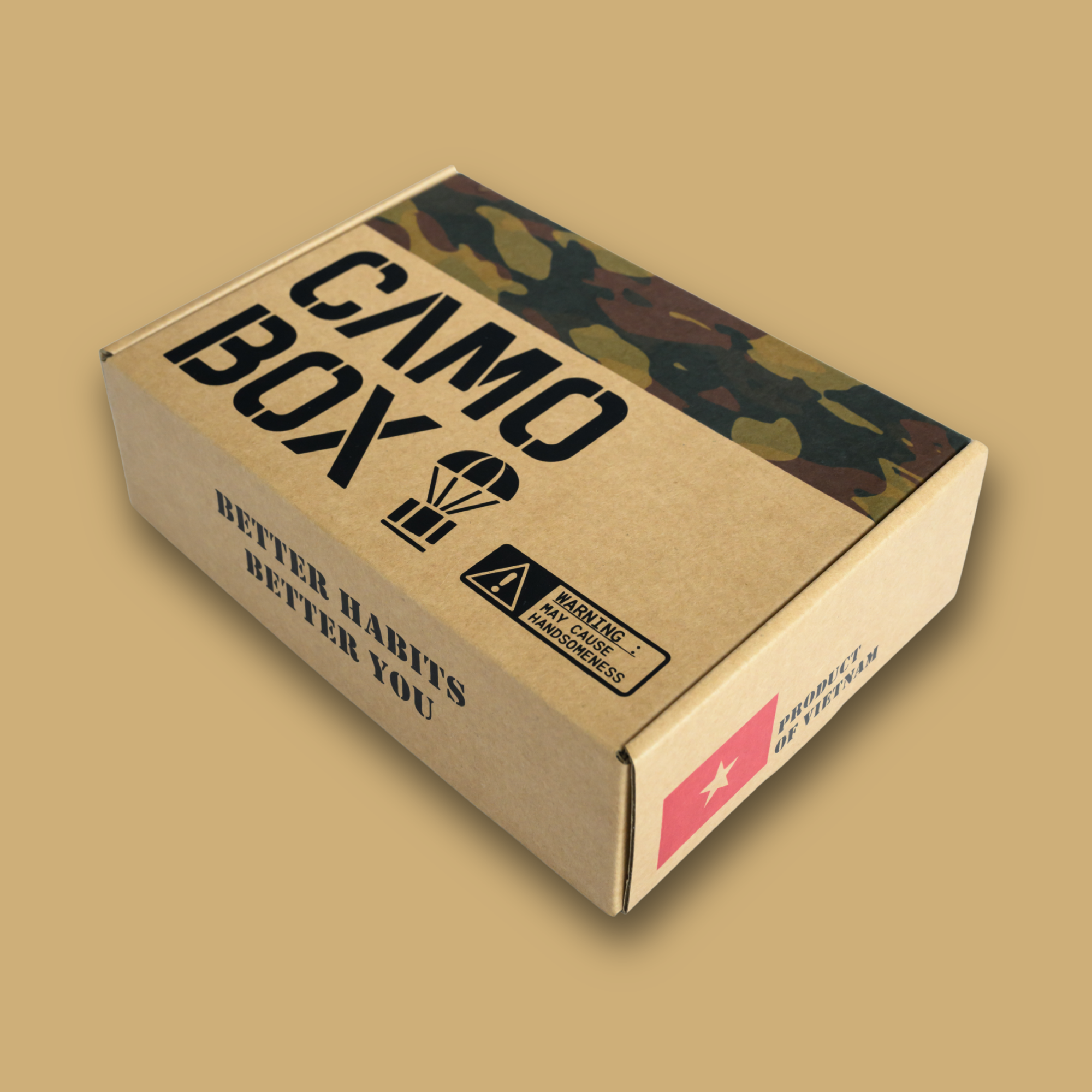 Custom printed kraft shipping box with military-inspired design for subscription and retail packaging
