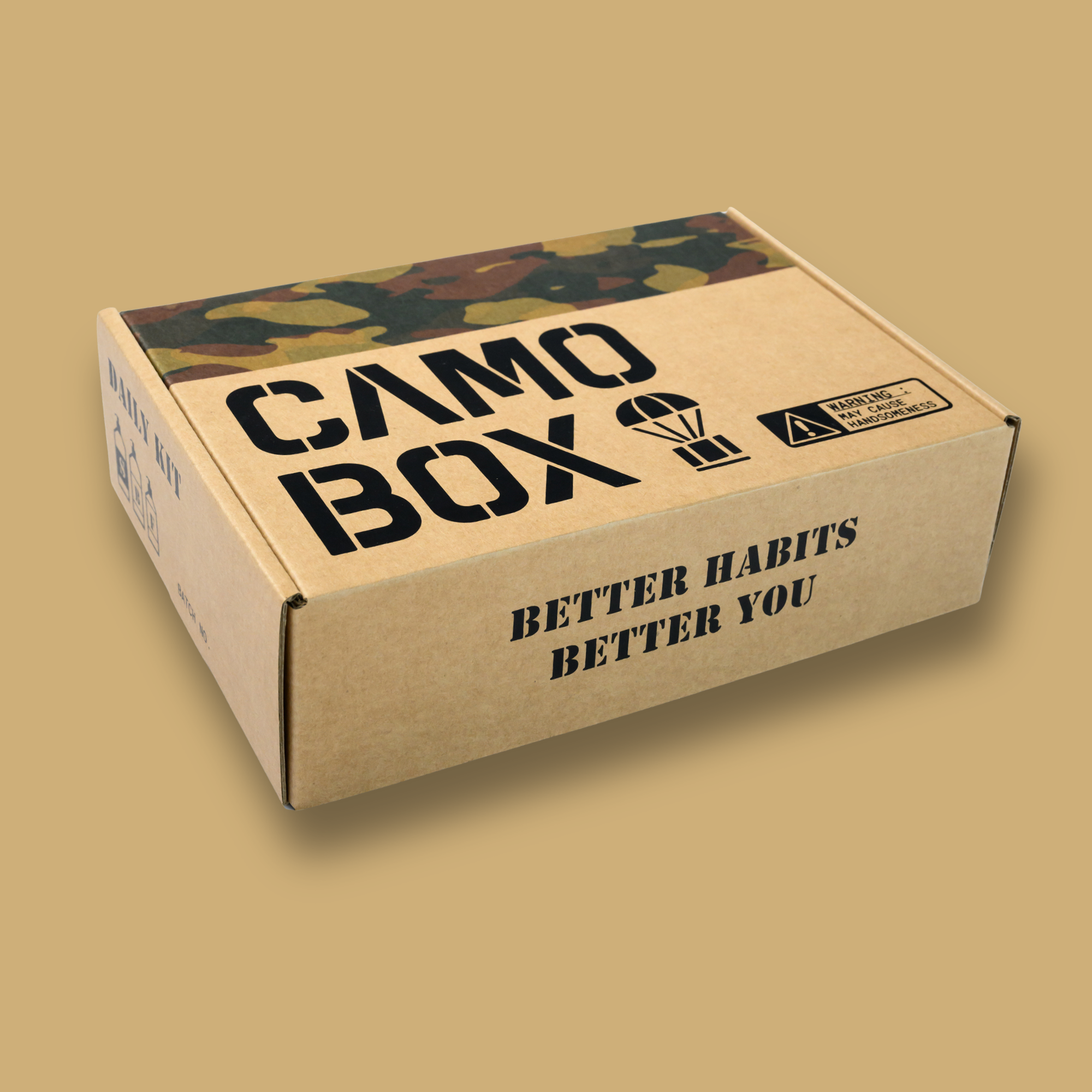 Custom printed kraft shipping box with military-inspired design for subscription and retail packaging